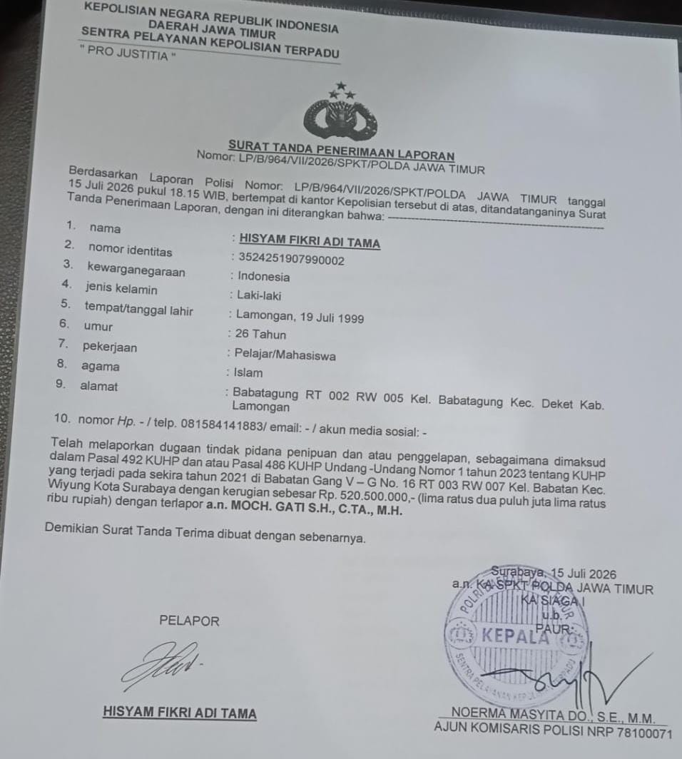 Laporan Polisi yang dikeluarkan oleh Kepolisian Polda Jawa Timur , jelas dan terang, Oknum Pengacara bernama Dr Gati.S.H.,CTA.,M.H., alias SAKTI, TERLAPOR yang tersebut namanya diatas diduga tipu gelap masyarakat sebesar 520 juta