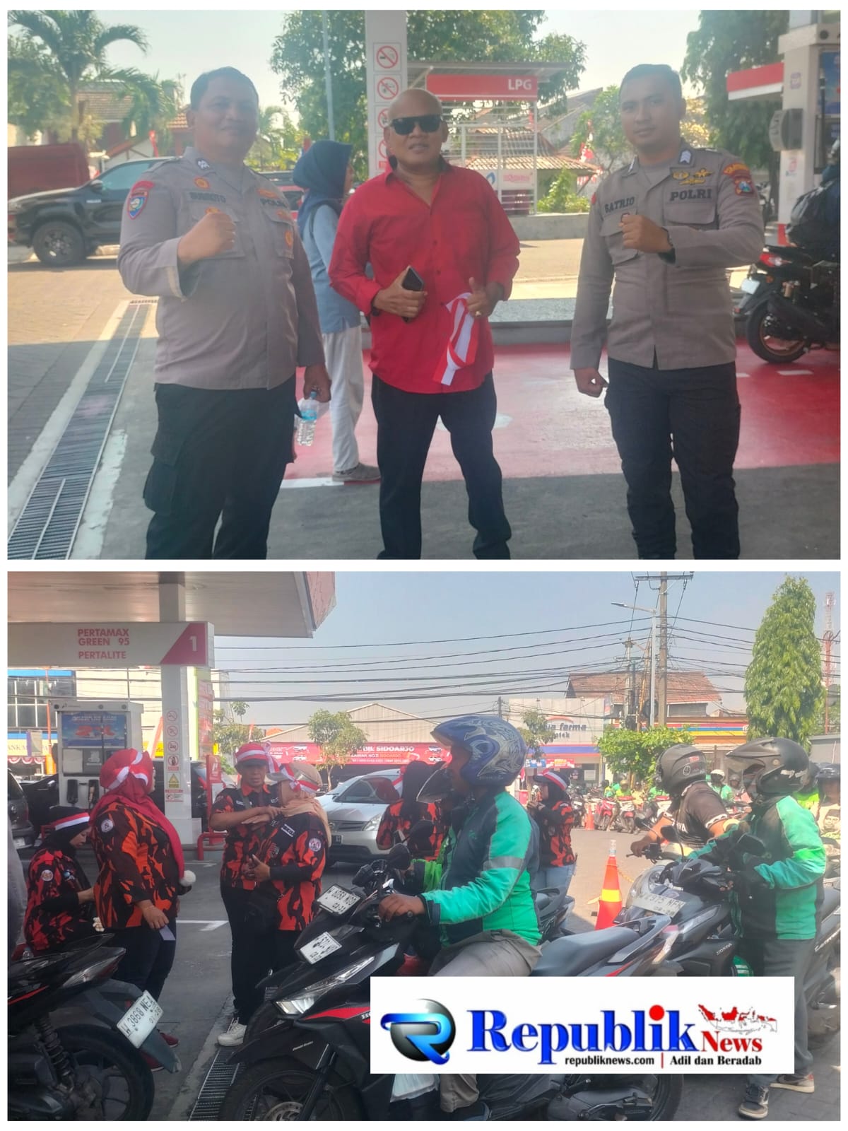Foto : Ketua MPC Pemuda Pancasila Kabupaten Sidoarjo,H.Mursidi.S.T. nampak memantau kegiatan bagi bensin gratis.