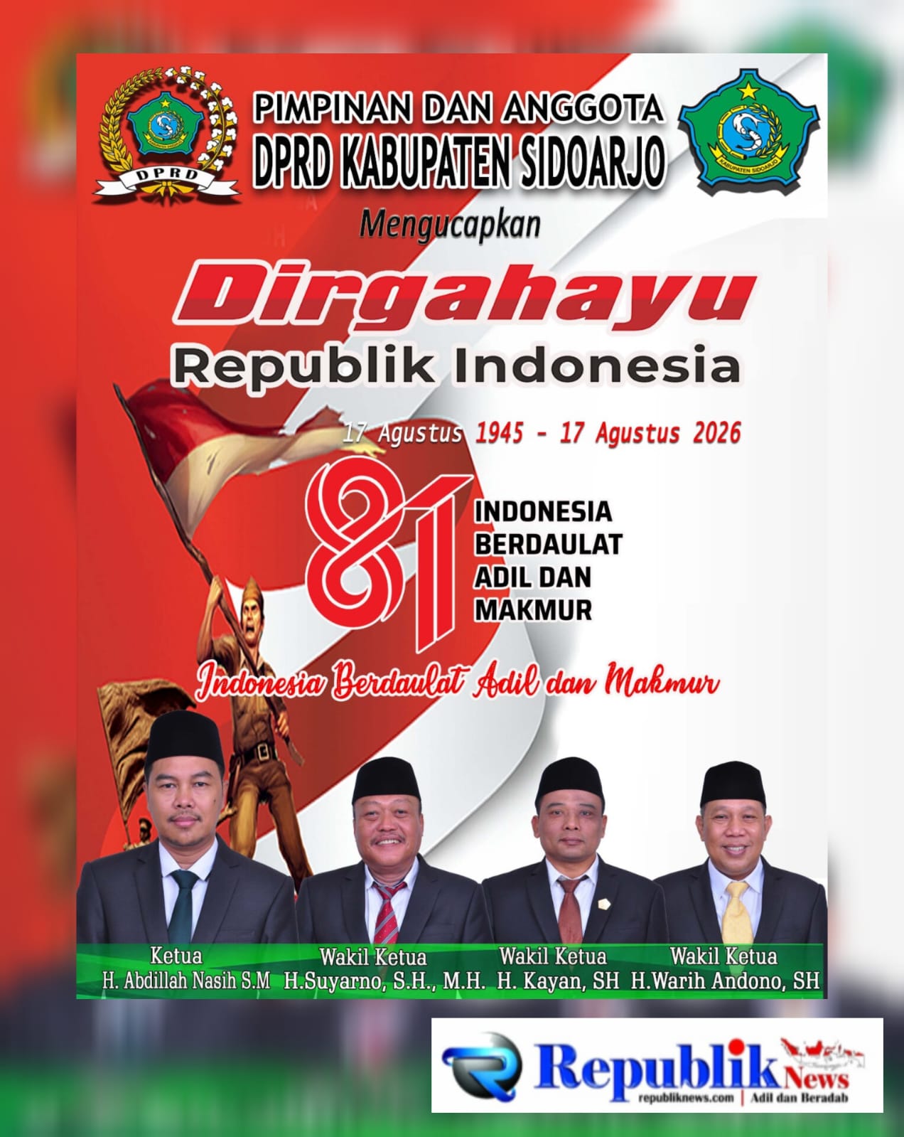 Foto : Ucapan HUT RI ke-81 dari Ketua DPRD Kabupaten Sidoarjo,H.Abdillah Nasih,S.M beserta jajarannya.